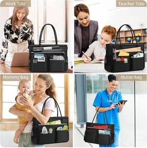 Versatile black work tote bag showing multiple pockets for teachers, office use, and nurses
