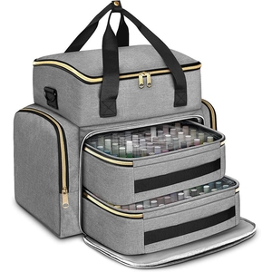 Portable double layer nail polish organizer bag with multi-layer grey linen storage compartments