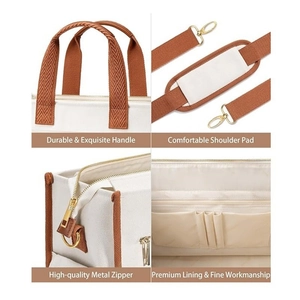Detail view of durable canvas tote handles, adjustable strap and organized inner pockets
