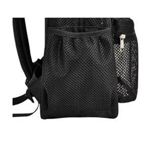 Heavy duty mesh backpack side view featuring durable elastic pockets and reinforced zipper