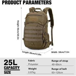 Zaino tattico militare 25L impermeabile in poliestere kaki per escursionismo e outdoor
