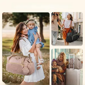 Detailed views of versatile diaper bag showing shoulder, hand-carry, and luggage strap modes