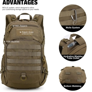 Dettaglio dello zaino tattico Coyote Brown con cerniere YKK e sistema MOLLE