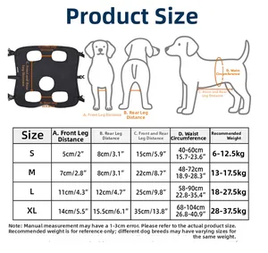 Size chart for pet lifting harness showing measurements for senior dog rehabilitation aid