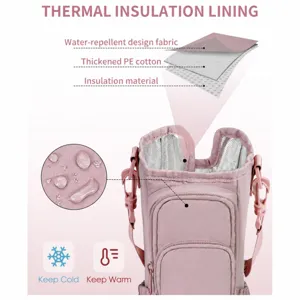 Pink insulated down water bottle bag with crossbody strap and waterproof fabric design