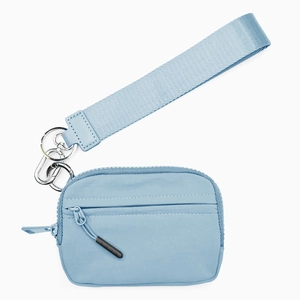 Waterproof nylon wristlet wallet with keychain in light blue and metal carabiner
