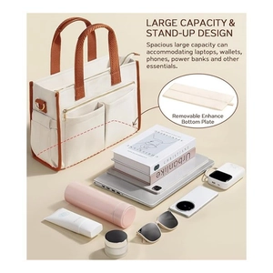 Large cream canvas tote bag with brown straps, organized for work and laptop use