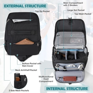 Waterproof camera backpack with multi-compartment storage and adjustable dividers for DSLRs