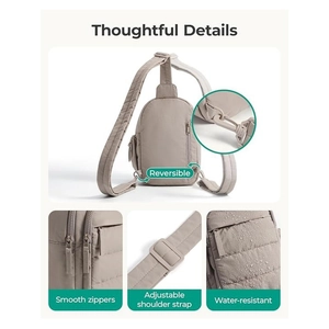 Water-resistant quilted beige crossbody travel bag with adjustable strap and sleek texture