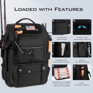 Tactical fishing backpack with multi-layer storage for 3600 tackle boxes and gear