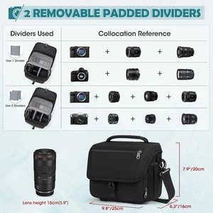 Waterproof camera shoulder bag with adjustable strap and padded dividers for DSLR cameras