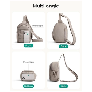 Light brown quilted nylon crossbody bag with multi-angle views and iPhone 16 Pro size guide