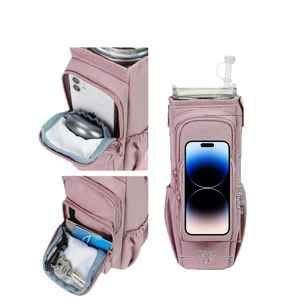 Pink insulated water bottle carrier with zippered front pocket for phone and keys