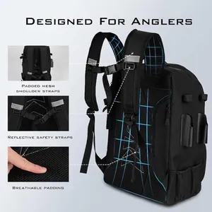 Tactical fishing backpack with breathable mesh straps and large capacity storage for gear