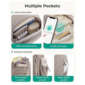 Quilted beige nylon travel backpack with RFID protection and multiple compartments