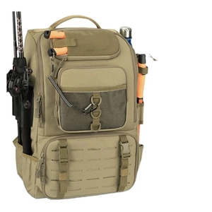 Tactical fishing backpack in khaki with large capacity and MOLLE system for rods
