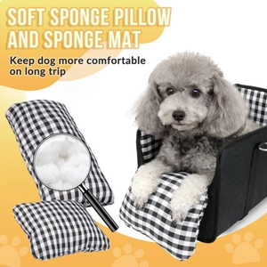 Portable black and white gingham dog car booster seat with grey poodle and sponge detail