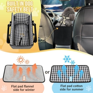 Portable dog car seat with black and white plaid design for vehicle console