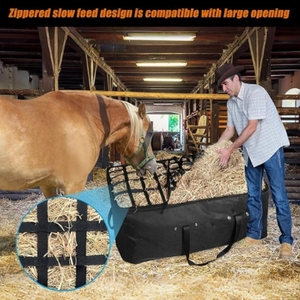Large black slow feeder hay bag with zipper design for horses in a stable setting