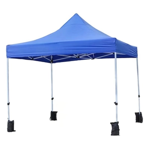 Blue folding canopy tent with white metal frame and four heavy duty anchor sandbags