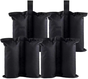Detail view of durable black double-cylinder weight sandbags for outdoor canopy tents
