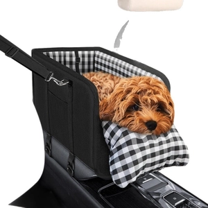 Portable dog car seat for console with black fabric and white checkered lining