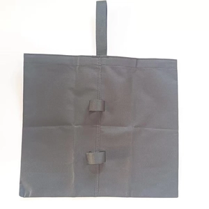 Close-up of black heavy-duty sandbag weight for outdoor tent and sunshade umbrella