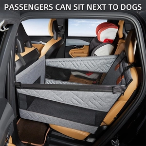Detail of grey quilted waterproof car pet seat cover with visual mesh window and zippers