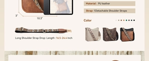 Detailed size specifications of the vegan leather crossbody bag with bohemian strap details