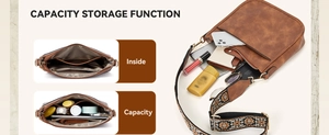 Detail view of brown vegan leather crossbody bag interior storage and fabric strap