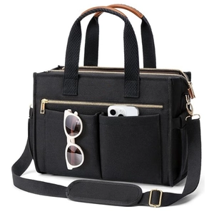 Sac fourre-tout en toile noire pour femmes avec poches multiples et bandoulière réglable