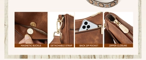 Detail of brown vegan leather crossbody bag showing embroidery strap and metal hardware