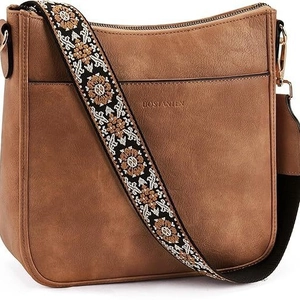Women Vegan Leather Crossbody Bag Fashion Embroidered Wide Strap Shoulder Purse Street Trend Vintage Messenger Bag