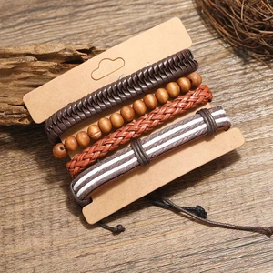Handmade Retro Braided Leather Bracelet Set For Men Women Bohemian Punk Style Adjustable Multi-layer Wood Bead Bracelet Jewelry