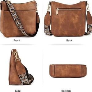 Brown vegan leather crossbody bag with vintage embroidered wide strap, 4 multi-view angles