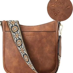 Brown vegan leather crossbody bag with embroidered strap and waterproof surface detail