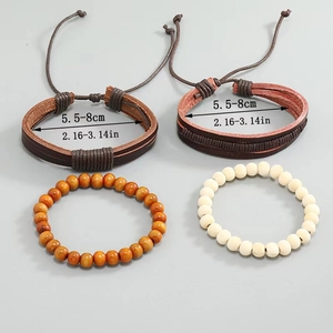 Men's 4-piece vintage layered leather and beaded bracelet set with adjustable drawstring cord