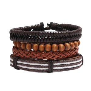 Retro 4-piece set of woven leather bracelets with wooden beads and punk style charms