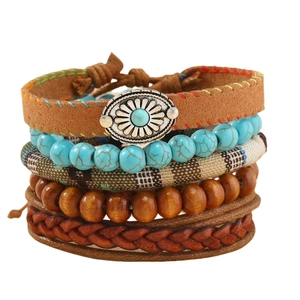 Bohemian Turquoise Beaded Watch Band For Samsung Galaxy Watch Multi-layer Leather Wood Bead Braided Ethnic Bracelet Strap