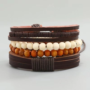 Men's retro layered bracelet set featuring dark brown leather and woven beaded strands
