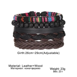 Bracelet multicouche vintage pour hommes avec tissu arc-en-ciel, perles en bois et cuir tressé