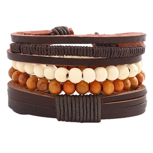 Men's retro multi-layer braided leather bracelet set with brown wood beads and cords