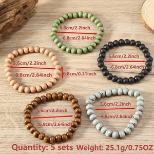 Five pieces bohemian style wooden bead bracelets set with dimensions and weight info