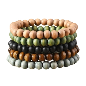 Five-piece set of bohemian wooden bead bracelets in natural, green, black and brown tones