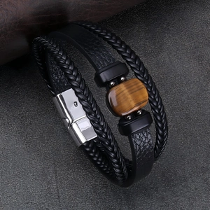 Bracciale in Pelle Multistrato da Uomo Vintage Pietra Naturale Occhio di Tigre Chiusura Magnetica in Acciaio Inossidabile