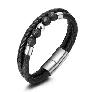 Detail of multi-layer braided leather bracelet with black lava stones and magnetic clasp