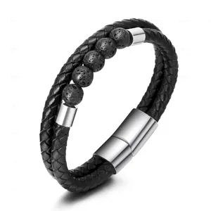 Detail of double-layer black braided leather bracelet with lava stone beads and magnetic clasp