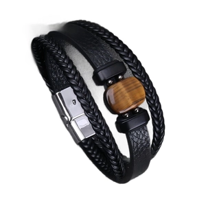 Bracciale vintage in pelle intrecciata da uomo con pietra occhio di tigre e chiusura