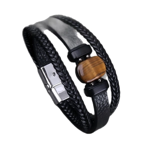 Bracciale multistrato vintage in pelle da uomo con occhio di tigre e chiusura magnetica