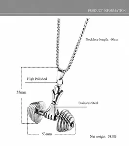 Collana fitness in acciaio lucido con ciondolo a manubrio e specifiche tecniche del prodotto